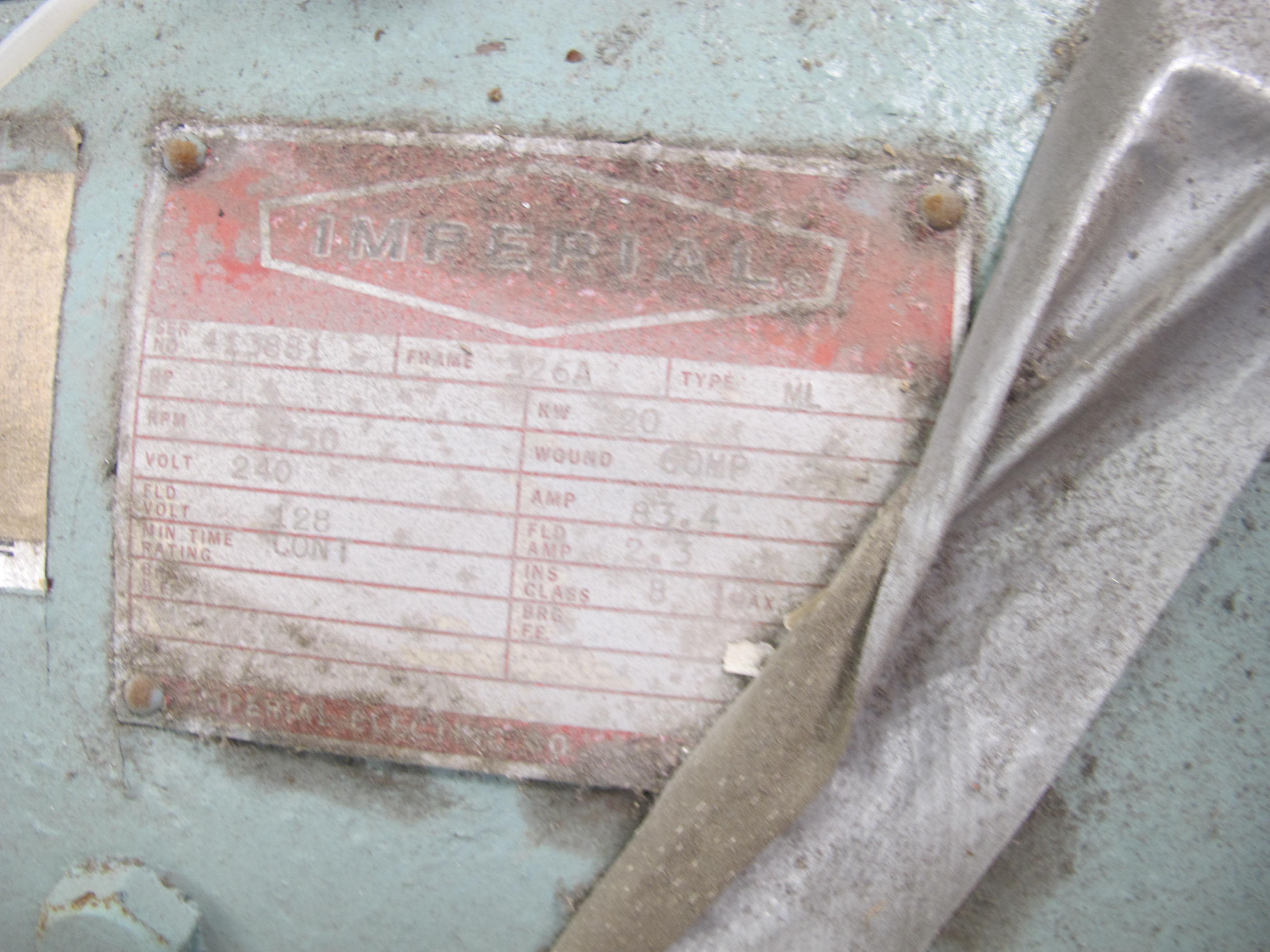 ASSEMBLY, MOTOR & GENERATOR TYPE, ELEVATOR KIND. 30 HP, 230VAC/3 PHASE, 1750 RPM, 320T FRAME MOTOR AND 20KW, 23.4A, 230VDC, 326A FRAME GENERATOR FOR ELEVATOR OPERATIONS (W-44) LOADING & HANDLING FEE $15-